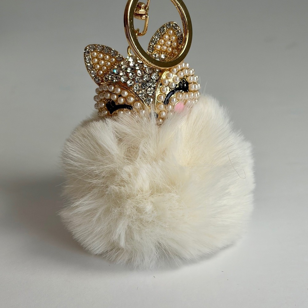Sparkly Fox Keychain Pearl Rhinestone Faux‎ Fur Pom Pom Bag Charm Coquette Boho - Picture 4 of 6